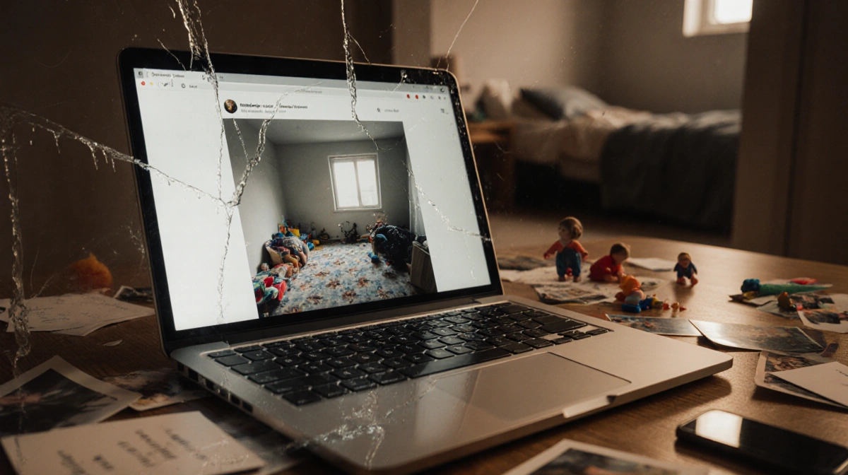 Smartphone shows viral Instagram reel of empty child's room with laptop displaying social media and scattered photos nearby
