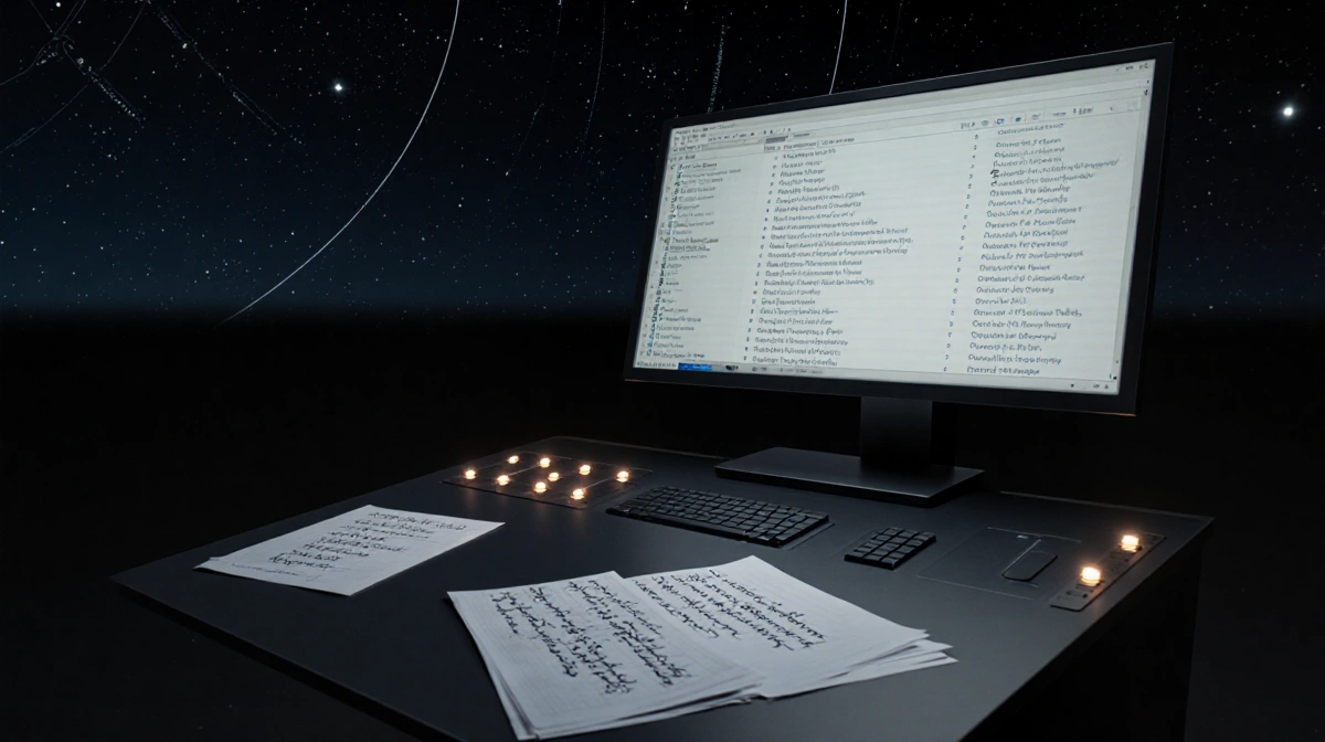Console shows interstellar object list with LED glow and starry sky background.