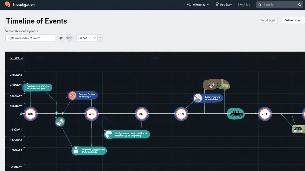 Timeline displays a dark investigation schedule with highlighted dates and a Jeep icon marking the vehicle discovery.