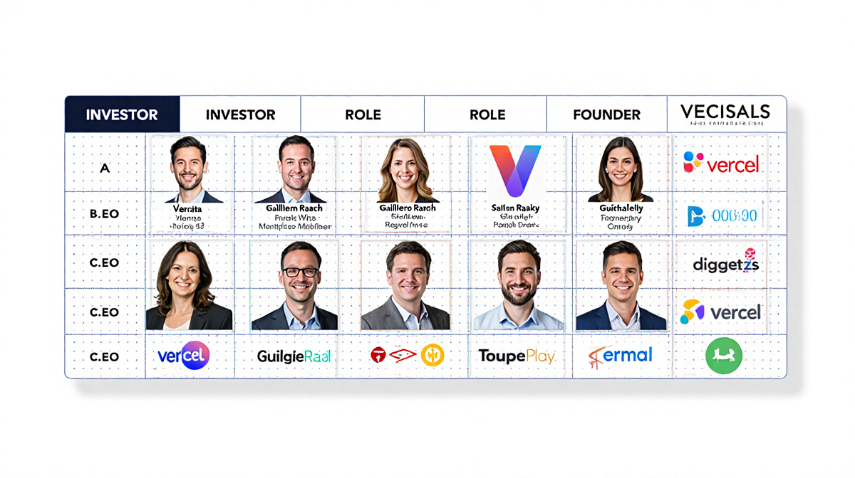 Investor table lists names and roles with logos and icons on a minimalist grid with bold header