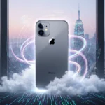 iPhone glows with neon code clouds and circuit boards showing Google Gemini AI integration