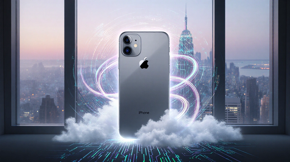 iPhone glows with neon code clouds and circuit boards showing Google Gemini AI integration
