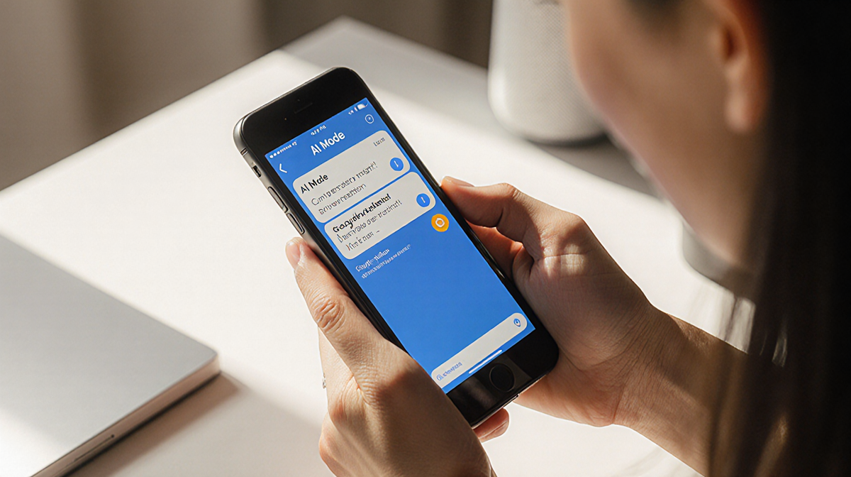 Hands holding iPhone with Google Assistant AI Mode interface glowing and showing curious interest
