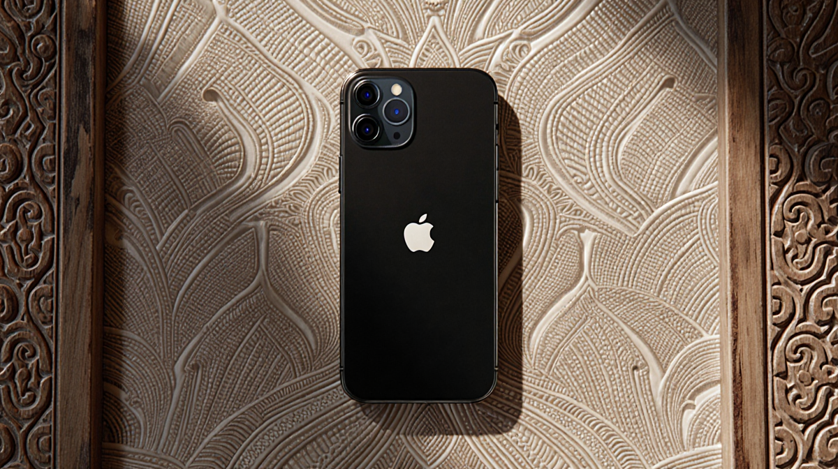 iPhone displaying its sleek design with richly patterned vintage Indian fabric background