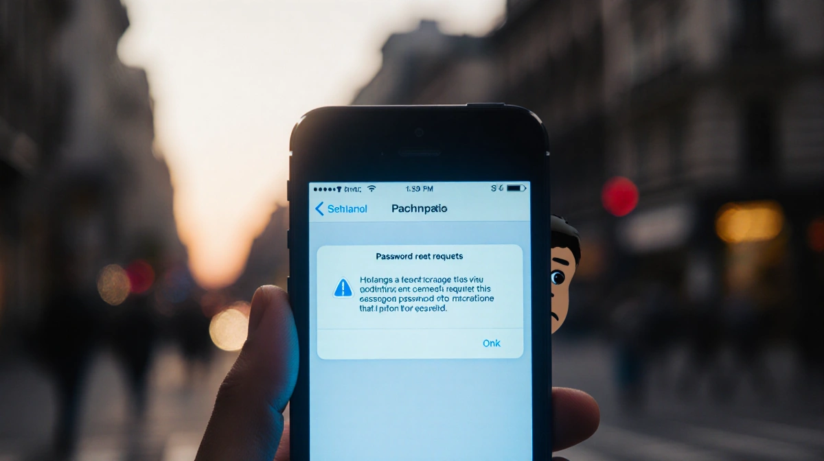 iPhone lock screen showing password reset error with person looking concerned and city lights blurred behind