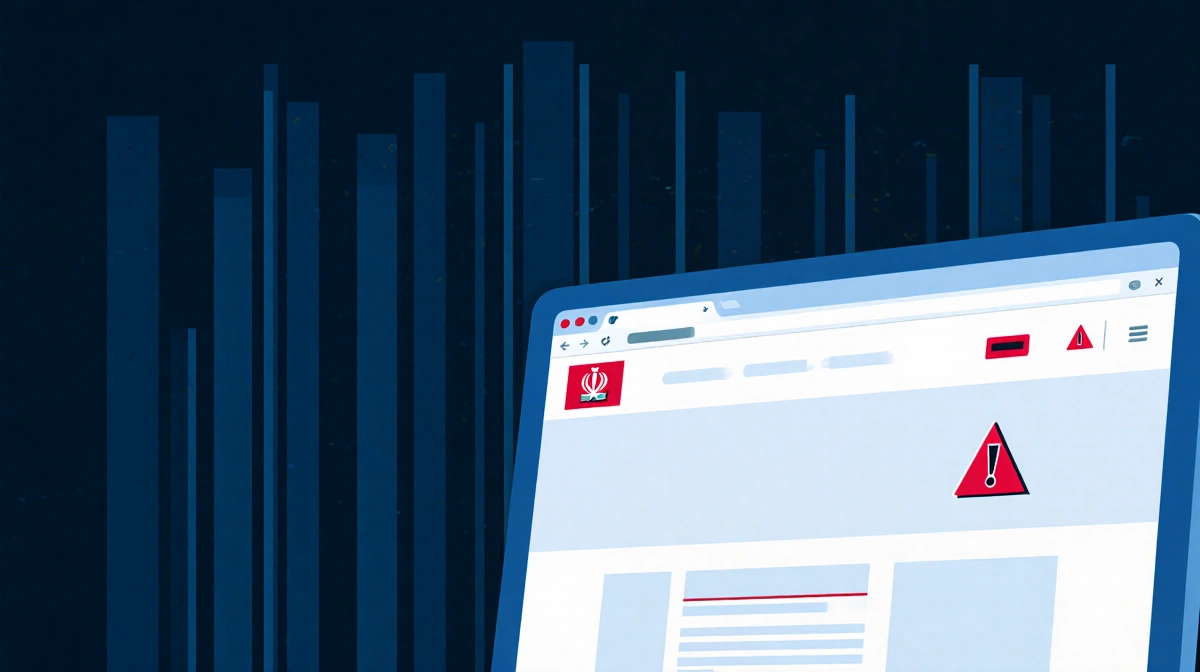 Computer screen shows Iran government website with red warning symbols and faint blue blackout lines in background