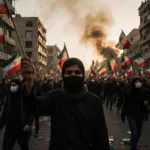 Protesters march with Iranian flags and smoke rising behind them as city lights reflect off broken windows