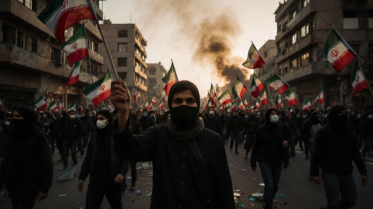 Protesters march with Iranian flags and smoke rising behind them as city lights reflect off broken windows