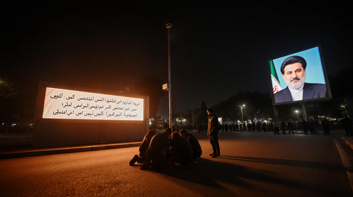 Protesters huddle around smuggled Starlink terminal with LED billboard showing Farsi message and Raisi portrait in background