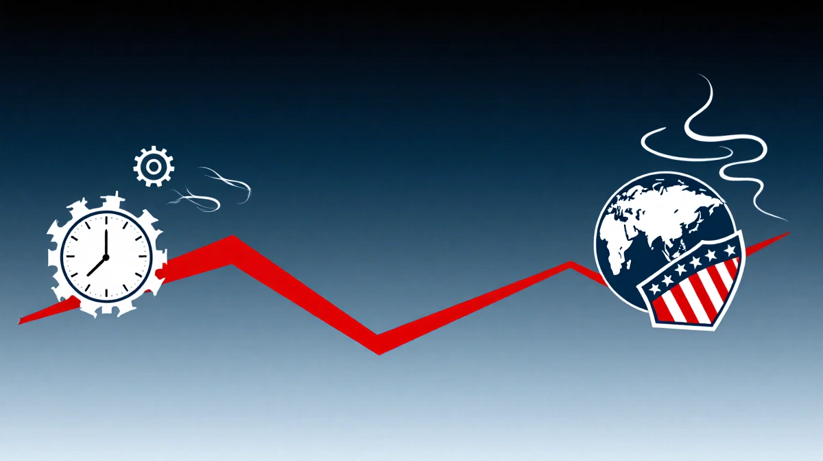 Bold red military timeline cuts across clockwork mechanism with shielded globe responding to Iran threat