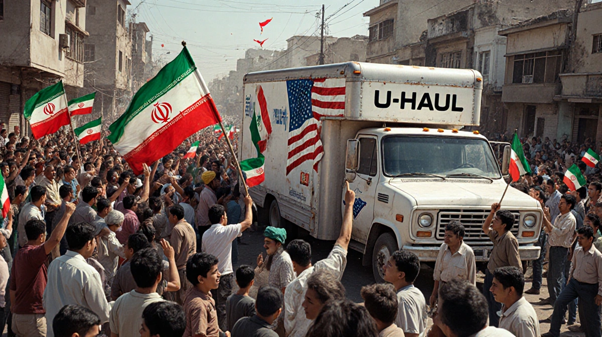 Crowd waves Iranian flags as U-Haul truck with faded American flag drives through causing panic