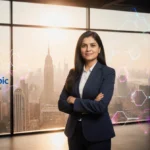 Irina Ghose stands confidently before Bengaluru skyline with Anthropic logo and Microsoft branding behind