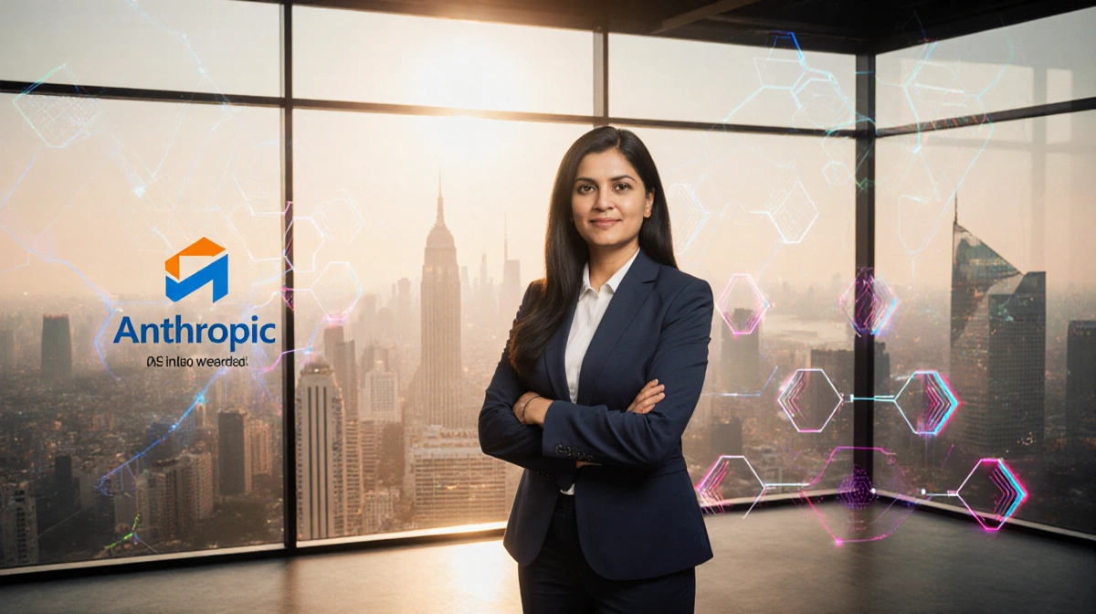 Irina Ghose stands confidently before Bengaluru skyline with Anthropic logo and Microsoft branding behind