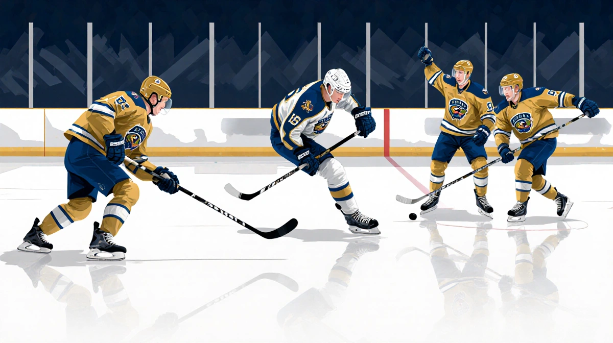 Ironhawks hockey players scoring with bold gold and navy uniforms on ice