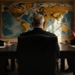 Netanyahu sits alone at negotiation table with empty chair representing absent Palestinian leader and advisors standing nearb