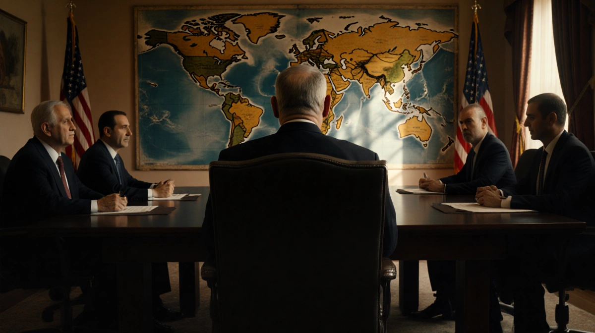 Netanyahu sits alone at negotiation table with empty chair representing absent Palestinian leader and advisors standing nearb