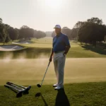 Jack Nicklaus standing with misty turf and greens on Andrews Air Force Base golf course