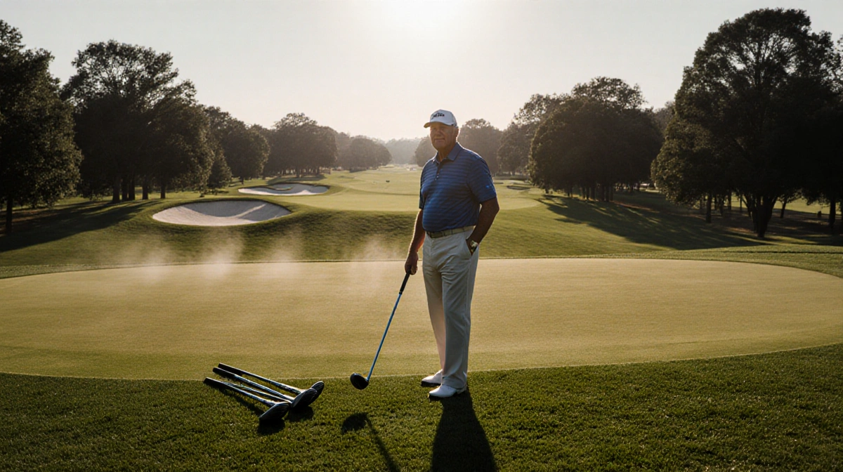 Jack Nicklaus standing with misty turf and greens on Andrews Air Force Base golf course