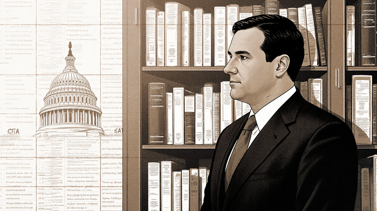 Jack Smith standing before a bookshelf with highlighted books and a faint Capitol building in the background