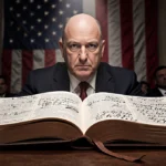 Jack Smith staring into spotlight with open leather‑bound book and handwritten notes