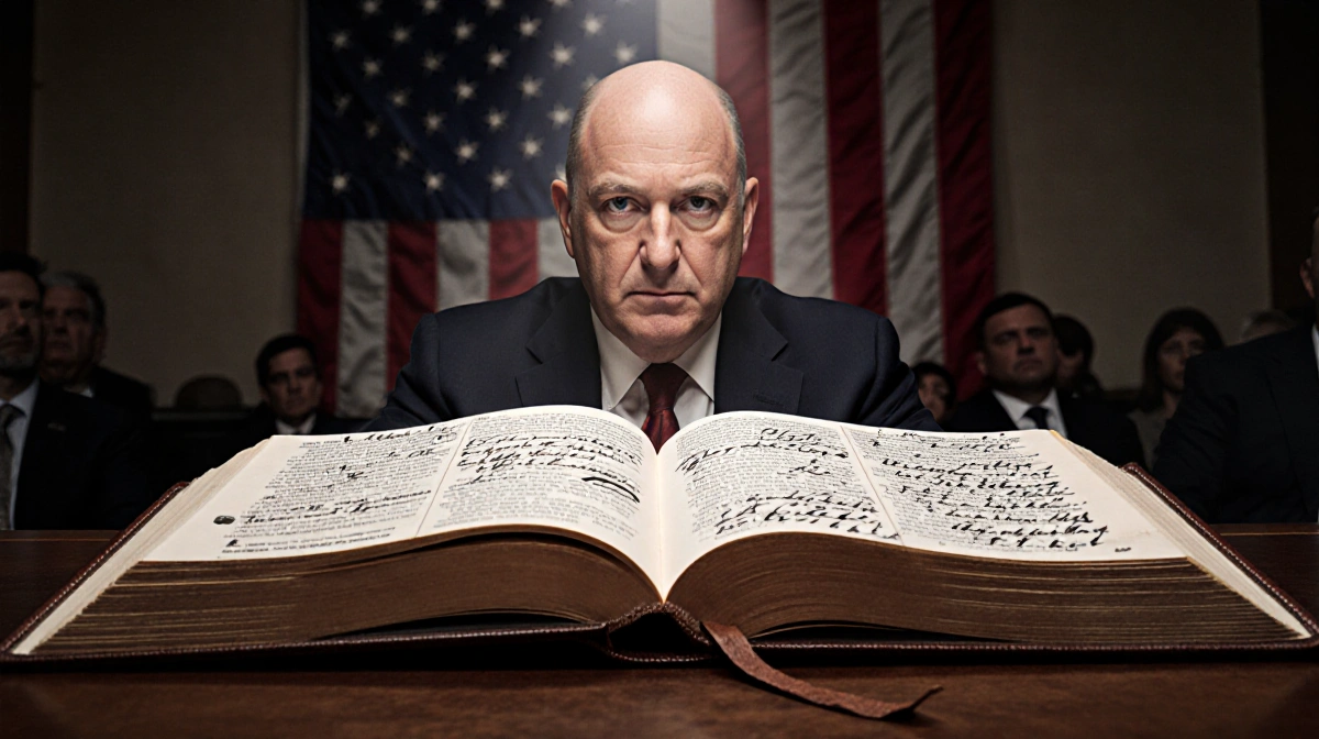 Jack Smith staring into spotlight with open leather‑bound book and handwritten notes