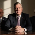 Jack Smith sits at polished desk with stern officials and diffused light casting long shadows