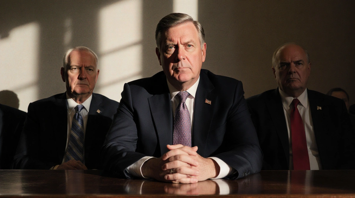Jack Smith sits at polished desk with stern officials and diffused light casting long shadows
