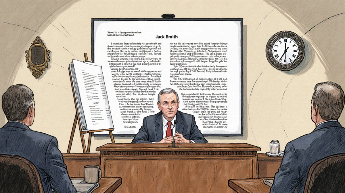 Jack Smith testifies before lawmakers at wooden table with 255-page transcript displayed on screen behind him