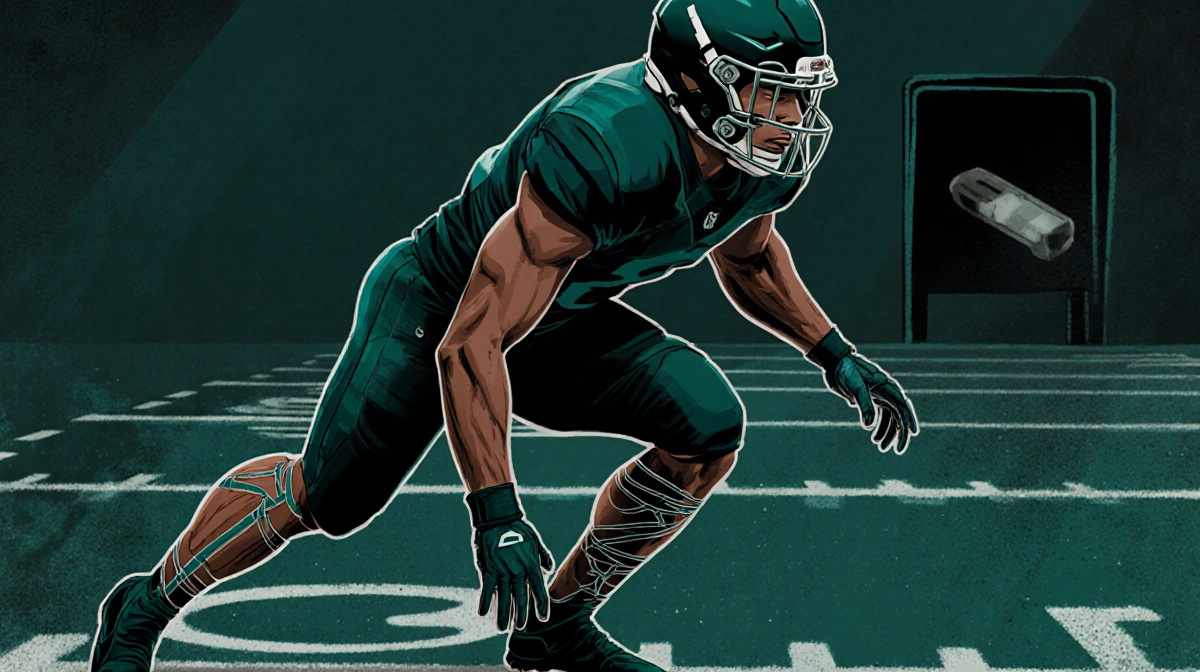 Jaelan Phillips charging forward with midnight green jersey and wrapped leg showing resilience on football field