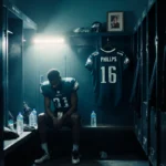 Jaelan Phillips sits alone in dim locker room with flickering light and Eagles jersey hanging behind him