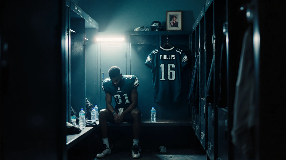 Jaelan Phillips sits alone in dim locker room with flickering light and Eagles jersey hanging behind him