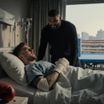 Anthony Joshua standing over Jake Paul lying on hospital bed with bandages and a shattered glove in front.