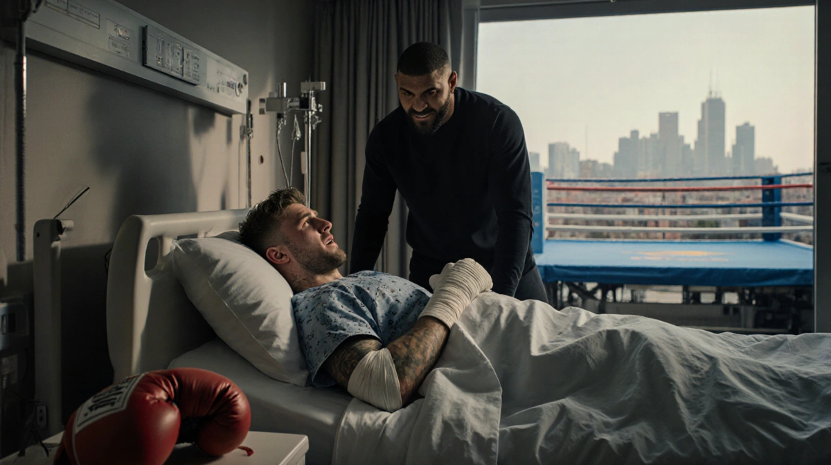 Anthony Joshua standing over Jake Paul lying on hospital bed with bandages and a shattered glove in front.