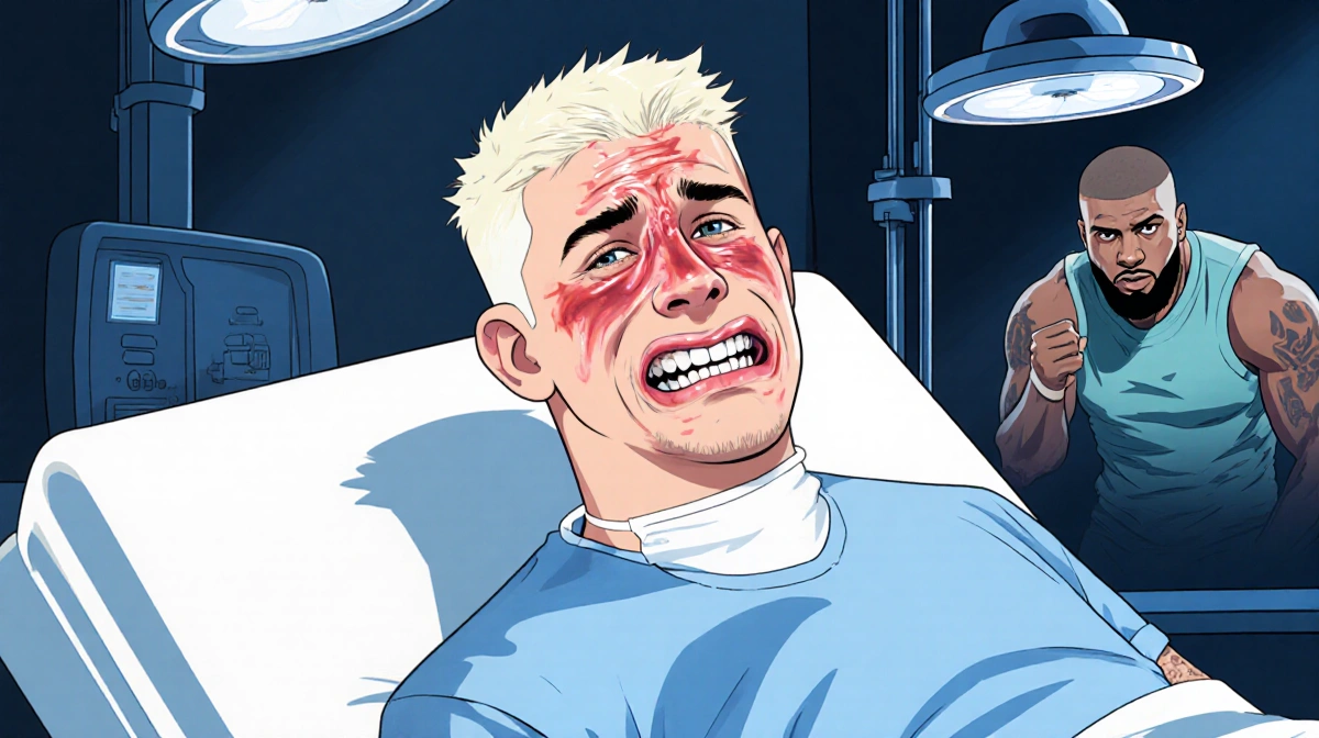 Jake Paul lying in bed with injured face jaws medical and surgical tools in a hospital room with Gervonta Davis image