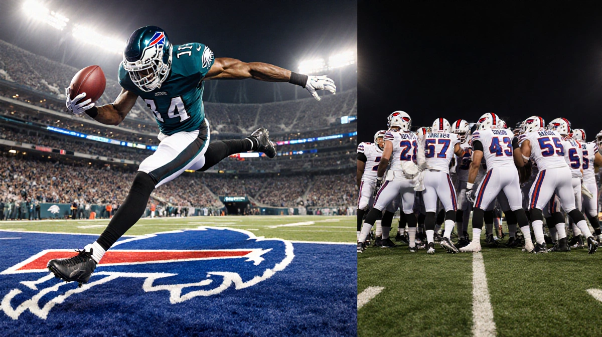 Jalen Carter leaps holding football with Bills kicker leg tangled and Eagles logo glowing in background