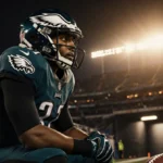 Jalen Hurts sits facing away with his eyes on the scoreboard and a crumpled football near his gloves, stadium lights behind.