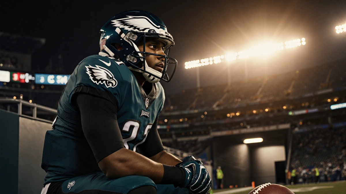 Jalen Hurts sits facing away with his eyes on the scoreboard and a crumpled football near his gloves, stadium lights behind.