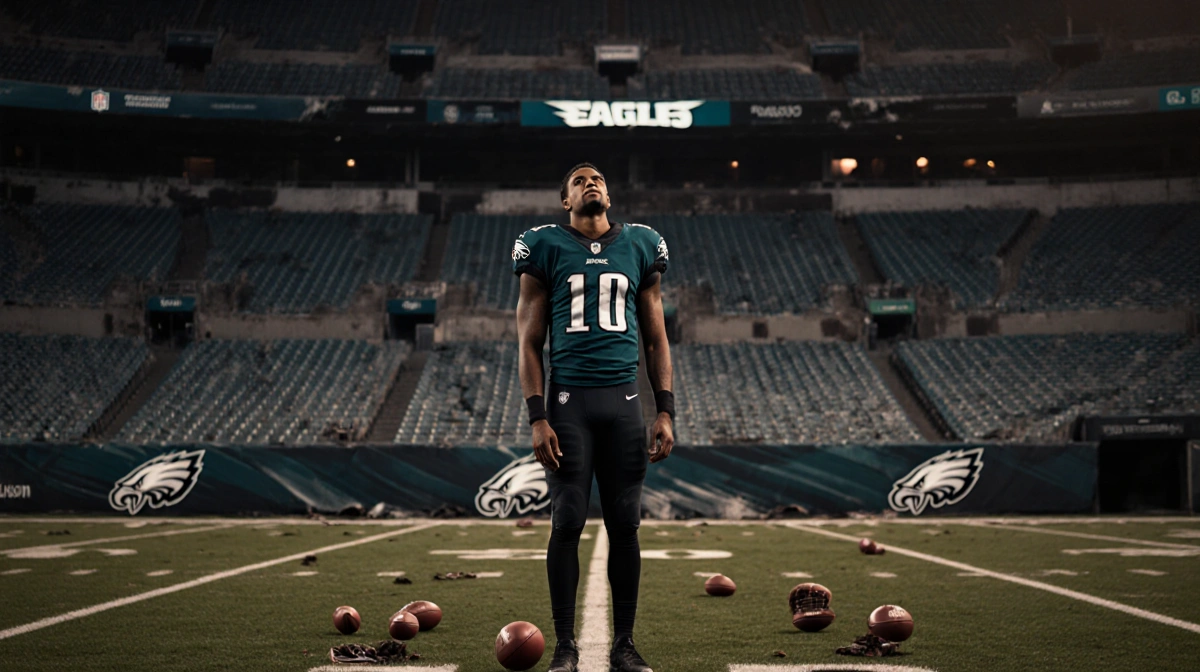 Jalen Hurts stands on football field with Philadelphia Eagles logo blurred behind and scattered equipment showing team identi