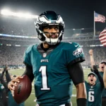 Jalen Hurts holding the ball with confident stance amid bright lights and packed Lincoln Financial Field fans in Eagles gear