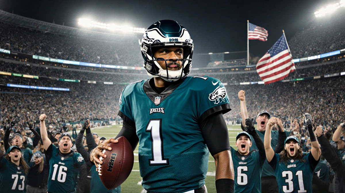 Jalen Hurts holding the ball with confident stance amid bright lights and packed Lincoln Financial Field fans in Eagles gear