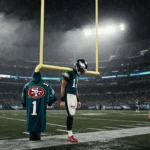 Jalen Hurts of the Eagles stands alone on rain‑soaked turf with the 49ers logo over the goalpost and a disappointed fan in fr