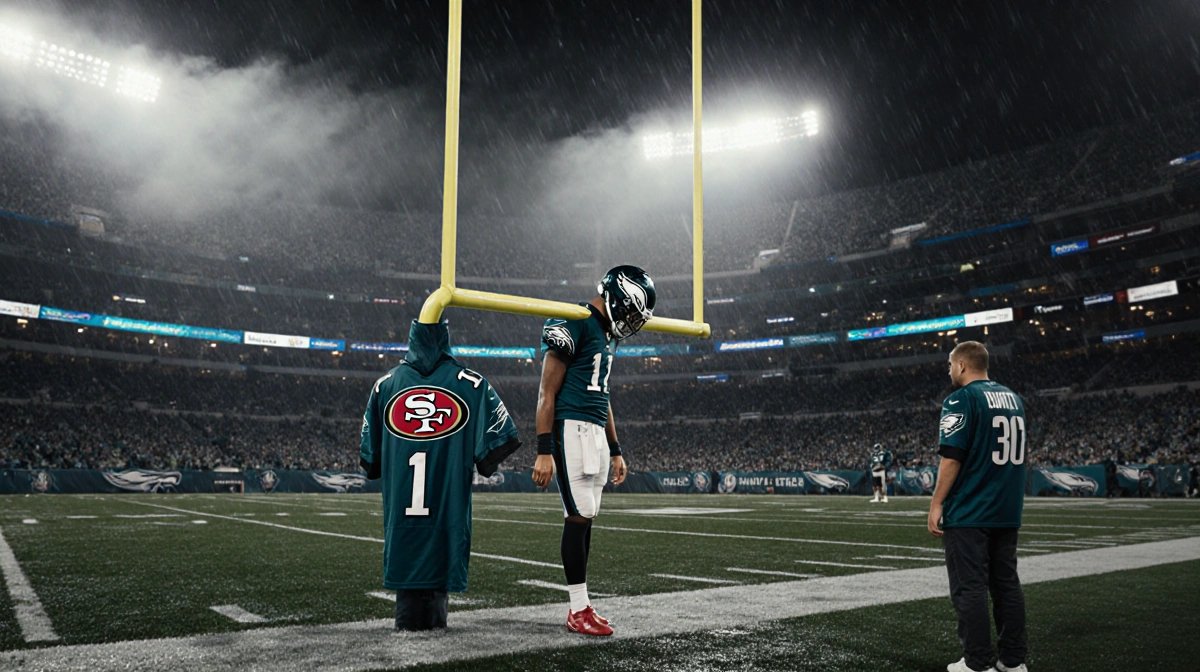 Jalen Hurts of the Eagles stands alone on rain‑soaked turf with the 49ers logo over the goalpost and a disappointed fan in fr