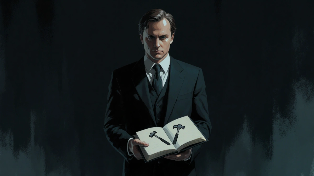 James Barnacle standing in dark suit holding black notebook with faint hammer and knife outline dimly lit edges