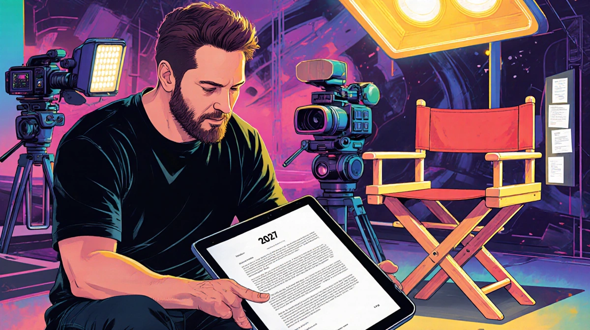 James Gunn sitting with tablet showing the 2027 script and blurred futuristic film set with a large empty director's chair.
