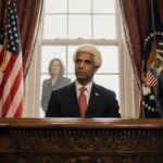 Jerome Powell sits on a Supreme Court bench with the American flag fluttering behind him.