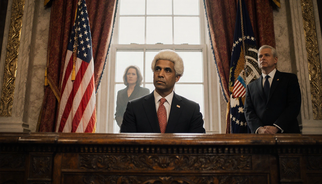 Jerome Powell sits on a Supreme Court bench with the American flag fluttering behind him.