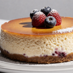Japanese cheesecake sits on white plate with golden edges and fresh berries.