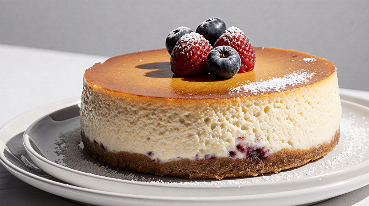 Japanese cheesecake sits on white plate with golden edges and fresh berries.