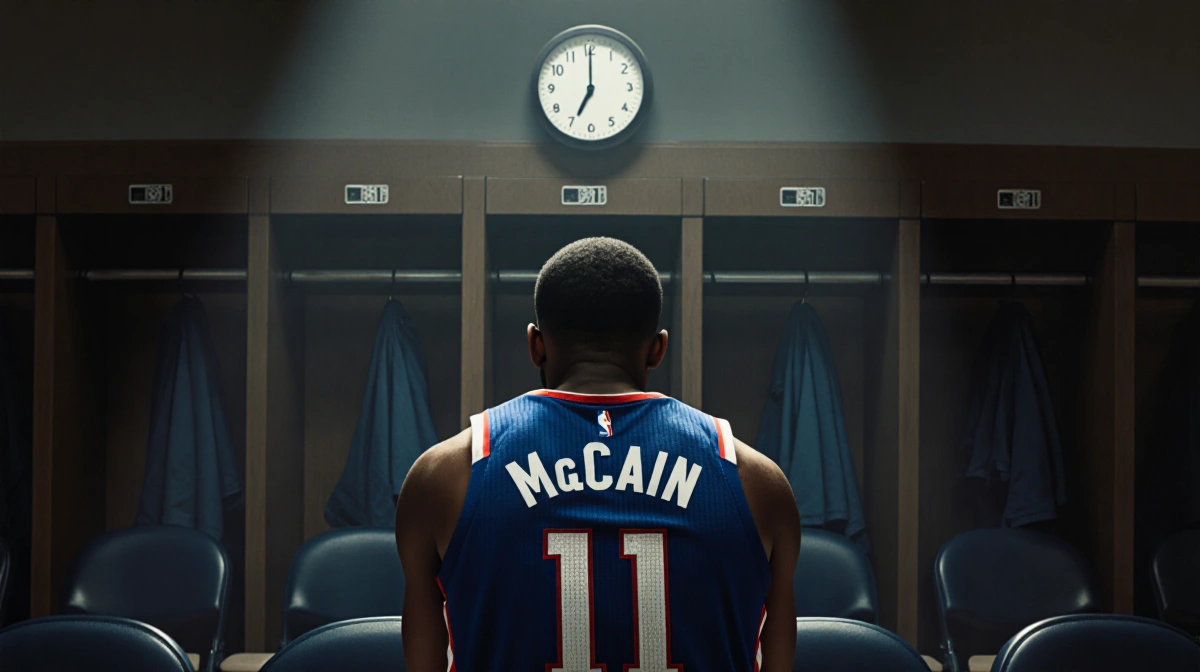 Jared McCain sits on bench with jersey 11 visible and clock ticking behind empty locker room seats