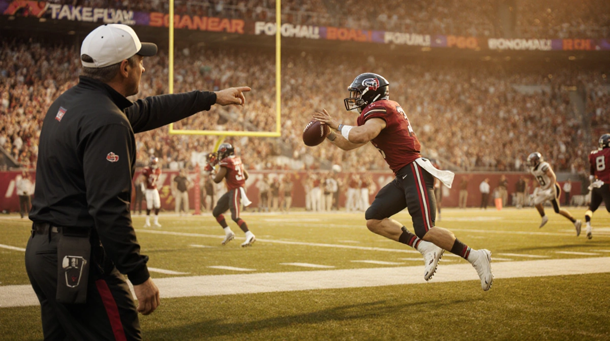 Christian McCaffrey leaping to catch touchdown pass from Jauan Jennings with Kyle Shanahan signaling on sideline